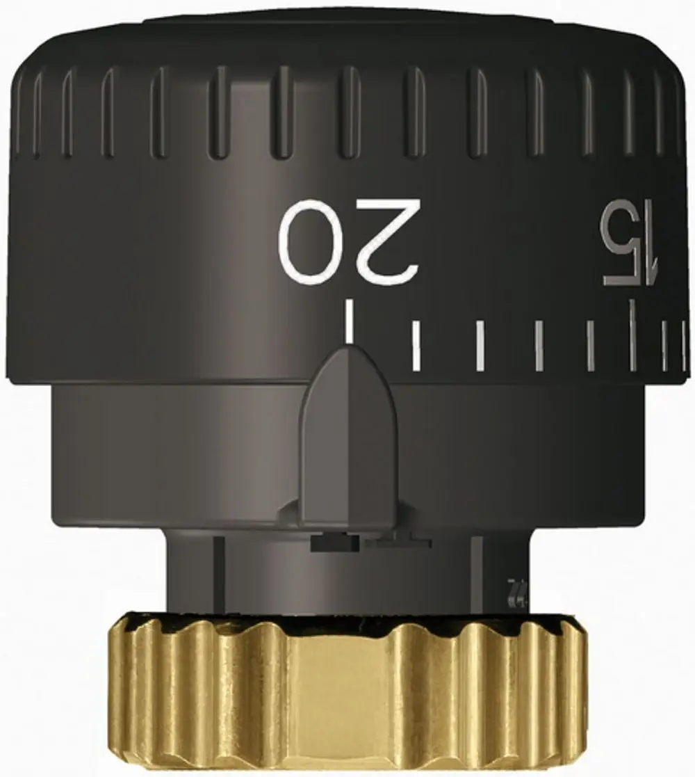 Voreinstell- und Absperrhandrad von IMI Hydronic Engineering, mit schwarzem Einstellring und goldfarbenem Grundkörper, für präzise Einstellungen in Heizungsanlagen.